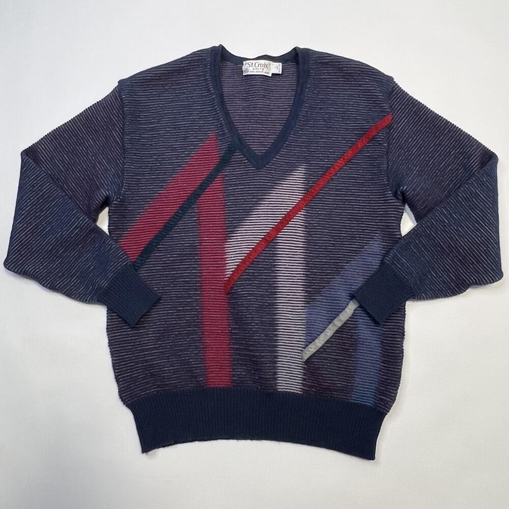 Vintage St Croix Sweater Mens Large Blue Red Wool V Neck Abstract Geometric 90s